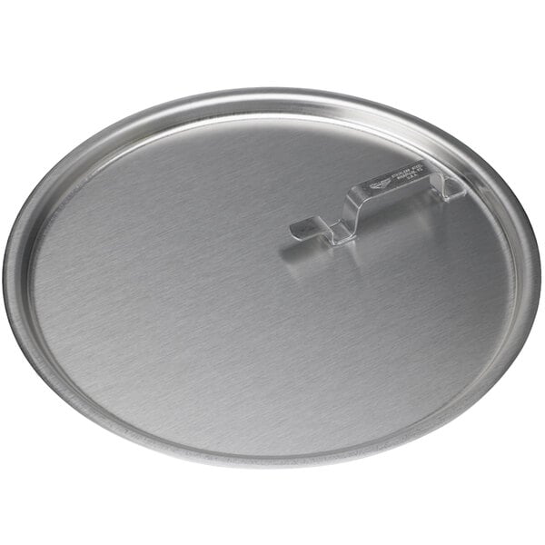 A Vollrath stainless steel pail cover with a metal handle.