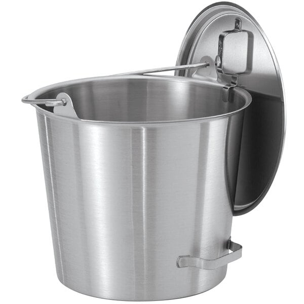 A stainless steel Vollrath pail cover on a silver pail.