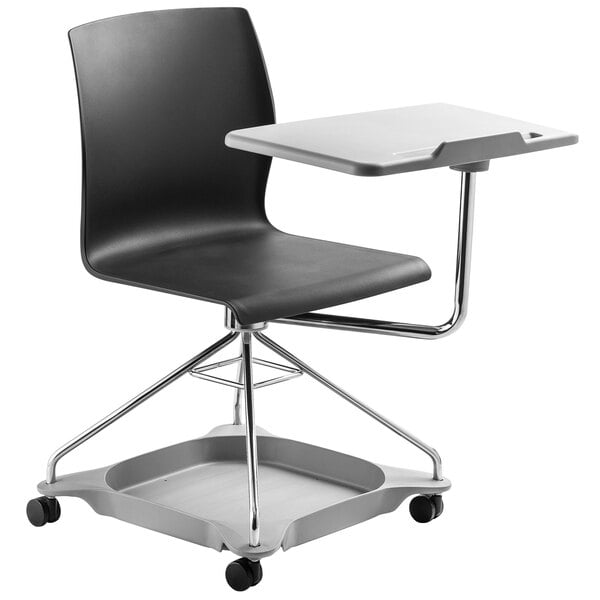 A black National Public Seating mobile tablet chair with a tray on wheels.