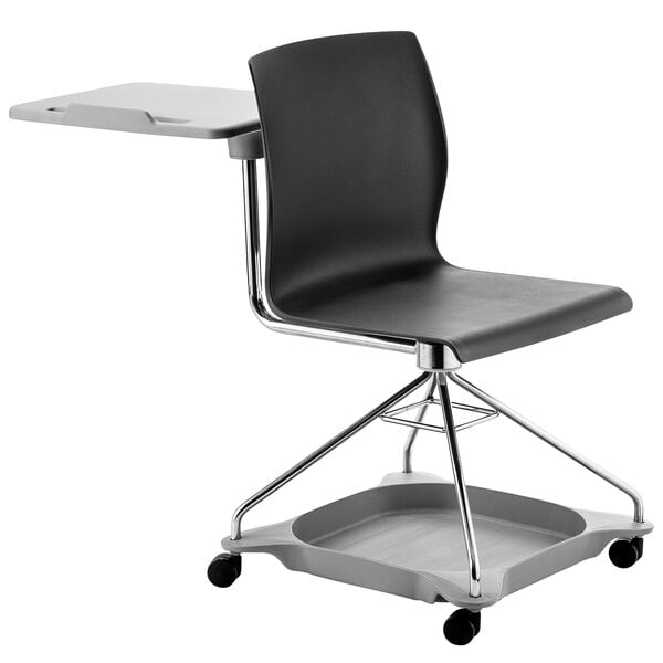 A black National Public Seating mobile tablet chair at a school desk.