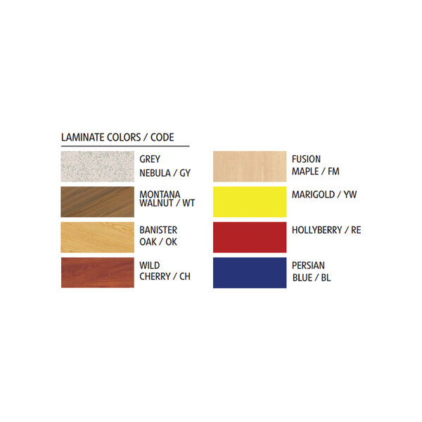 A red and yellow rectangle high-pressure laminate top on a National Public Seating utility table.