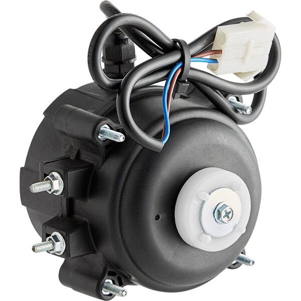 A black round Avantco condenser fan motor with wires.