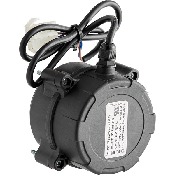 A black round Avantco condenser fan motor with wires.