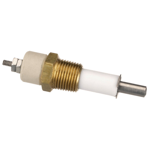 A brass and white Noble Warewashing Warrick probe with terminal.