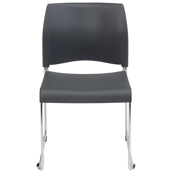 A charcoal National Public Seating stack chair with chrome legs.