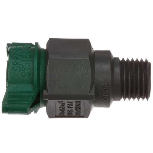 A close-up of a black and green hose connector on a Jackson Spray Nozzle and Rcptcl Omega 5.