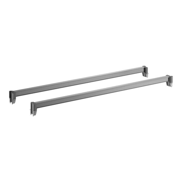 A pair of gray metal shelf traverses for Cambro Camshelving Basics Plus systems.
