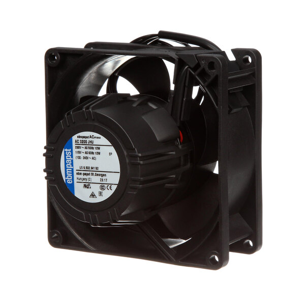 A black Noble Warewashing blower fan with a white label.