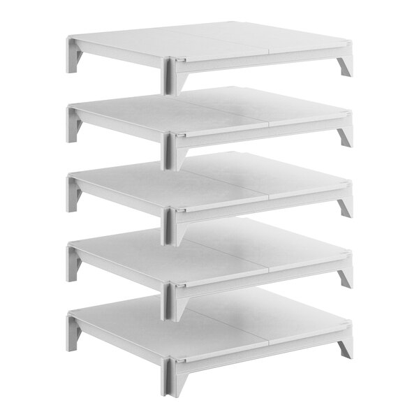 A five-tier stationary shelving unit with solid white shelves.
