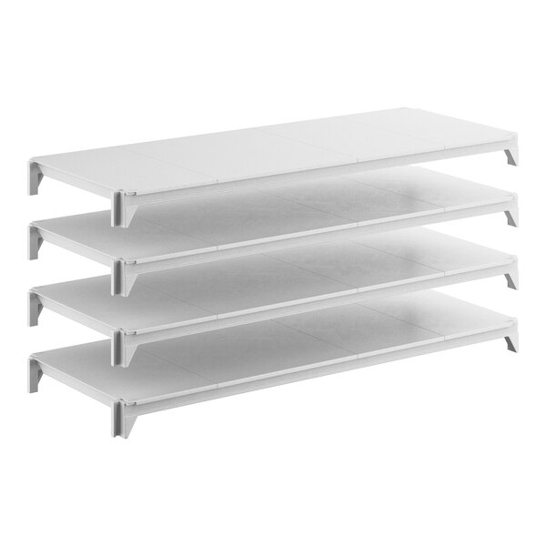 A stationary shelving kit with four solid, rectangular shelves designed for storage.