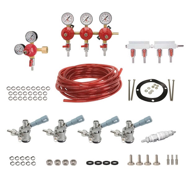 A red Micro Matic gas regulator installation kit with gauges.