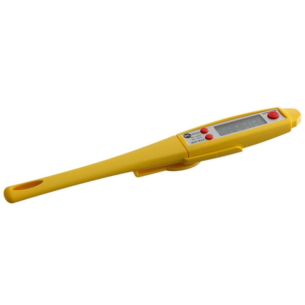 A yellow Cooper-Atkins digital pocket probe thermometer with a white label and red buttons.