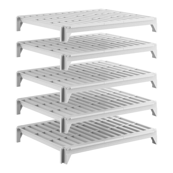 A set of five gray vented plastic shelving units designed for stationary storage.