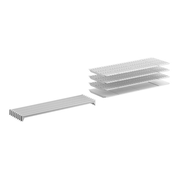 A white Cambro Camshelving® stationary shelf kit with 2 vented shelves and 1 solid shelf.