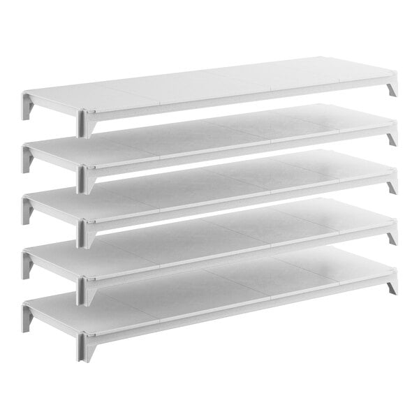A set of five solid white stationary shelving units designed for storage, measuring 54 inches by 18 inches.