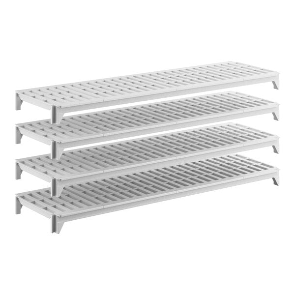 A set of four white vented stationary shelving units designed for storage, each measuring 60 inches by 18 inches.