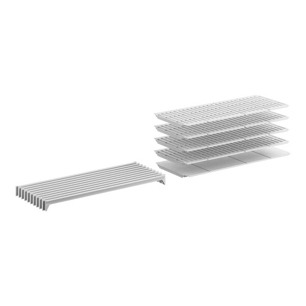 A white plastic Cambro Camshelving stationary shelf kit with 4 vented shelves and 1 solid shelf.
