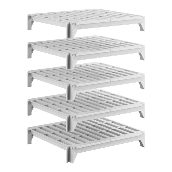 A stationary shelving kit with five vented plastic shelves, each measuring 24 by 21 inches.