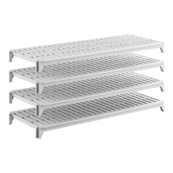 A set of four vented, rectangular plastic shelving units designed for stationary storage.
