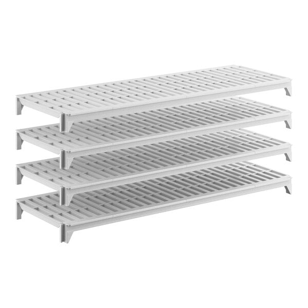 A set of four white vented stationary shelving units designed for storage, each measuring 60 inches by 21 inches.