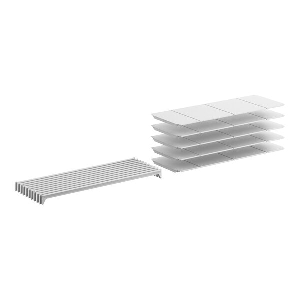 A white rectangular Cambro Camshelving Premium stationary shelf kit with 5 shelves.
