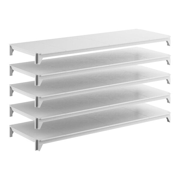A stationary shelving kit with five solid white shelves designed for storage.