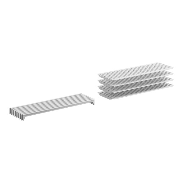 A white rectangular Cambro Camshelving stationary shelf kit with 4 vented shelves.