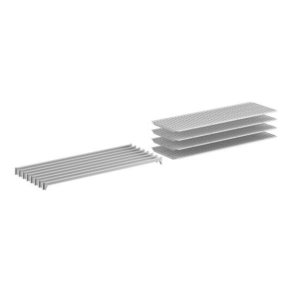 A white metal Cambro Camshelving stationary shelf kit with several white metal shelves and metal bars.