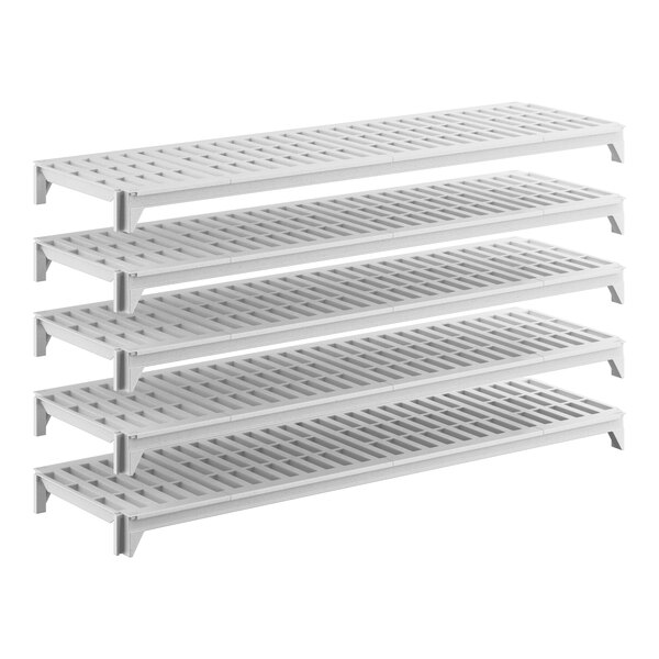 A set of five white vented plastic shelving units designed for stationary storage.