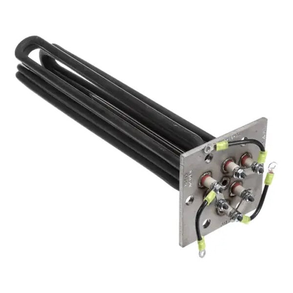 A metal heating element with a rectangular mounting plate and several electrical connections attached by wires.