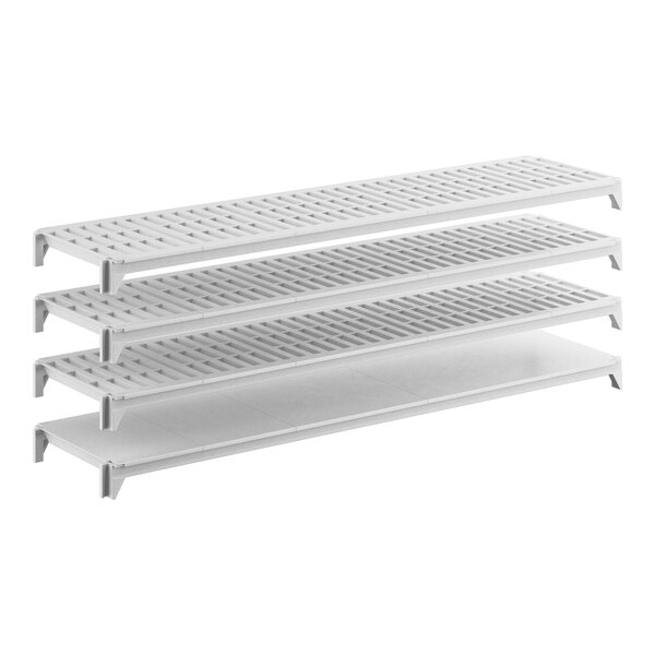 A white stationary shelving kit with three vented shelves and one solid shelf.