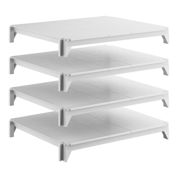 A set of four solid, rectangular, gray shelving units designed for stationary storage.