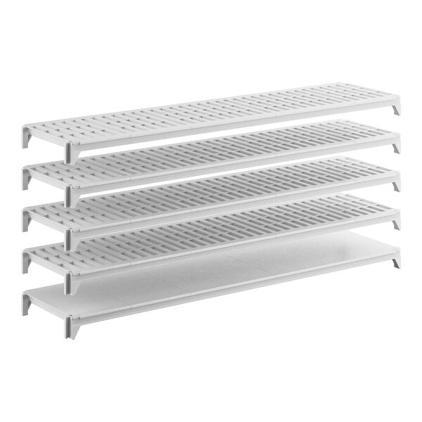 A white stationary shelving kit with four vented shelves and one solid shelf.