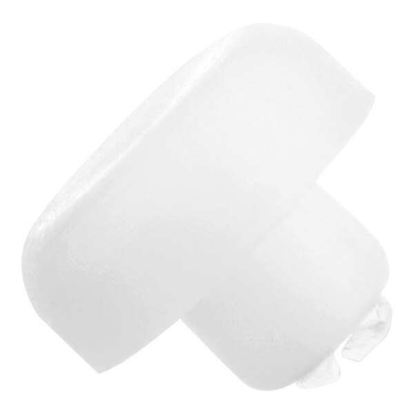 A close-up of a white plastic button with a hole in the middle.