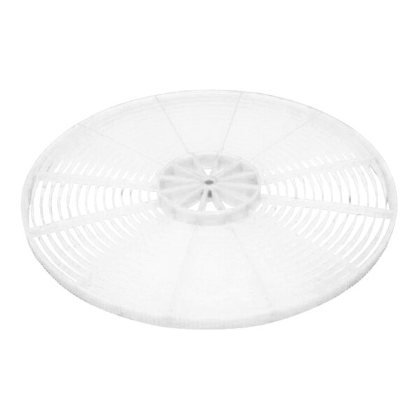 A white plastic circular wheel with spokes and holes.