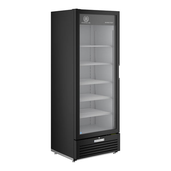 A black refrigerated glass door merchandiser with a left-hinged door, multiple shelves, and LED lighting.