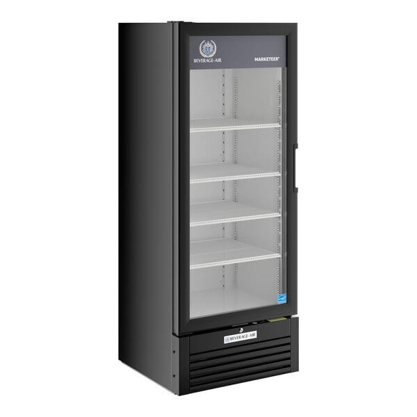 A black Beverage-Air refrigerated glass door merchandiser with shelves.