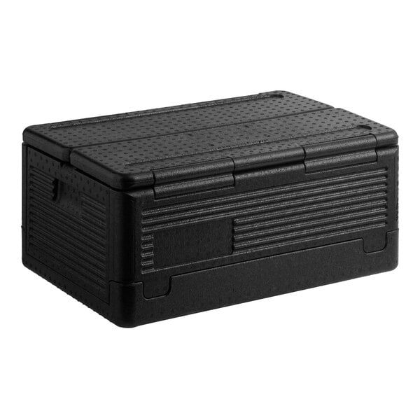 A black insulated food pan carrier with a flip-down top, designed to hold an 8-inch deep full-size pan.