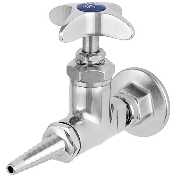 A chrome plated T&S panel flange with a silver faucet and blue knob.