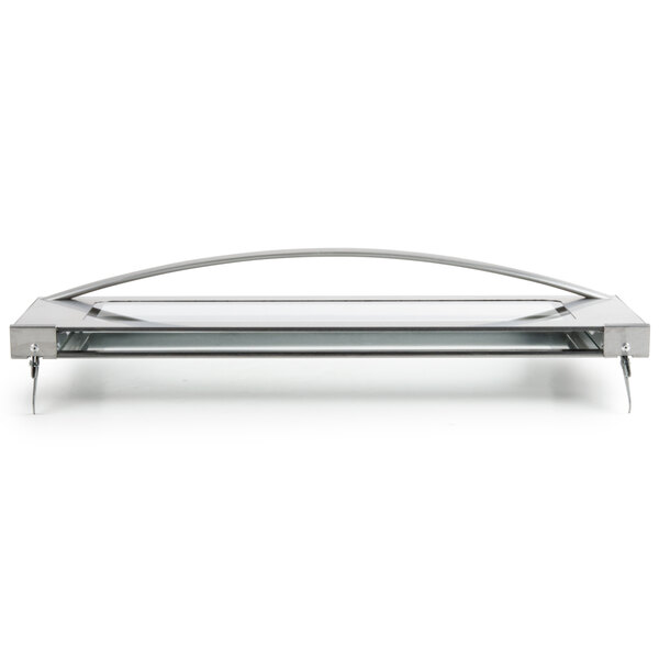 A silver metal shelf with a curved handle.