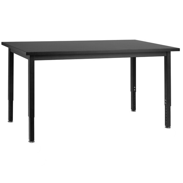 A National Public Seating black steel science lab table with black rectangular legs and a black chem-res top.