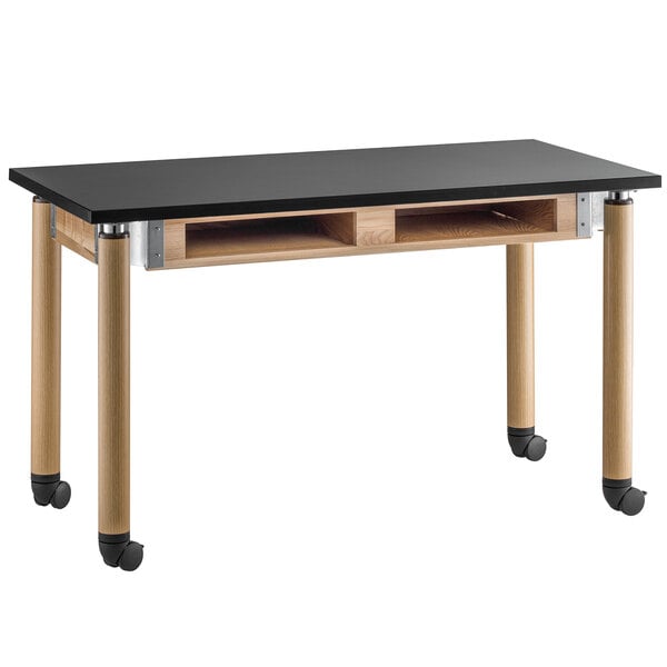 A black and wood National Public Seating science lab table with wheels.