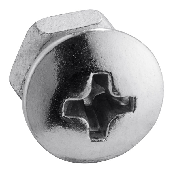 A close-up of a silver metal screw with a cross on it.