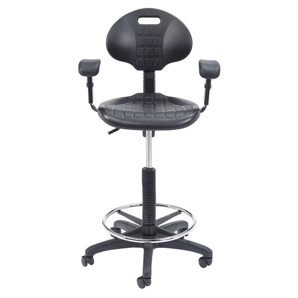 A black National Public Seating office stool with a seat, arms, and foot rest.