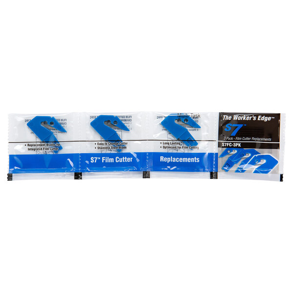 A pack of three blue Pacific Handy Cutter film blades.