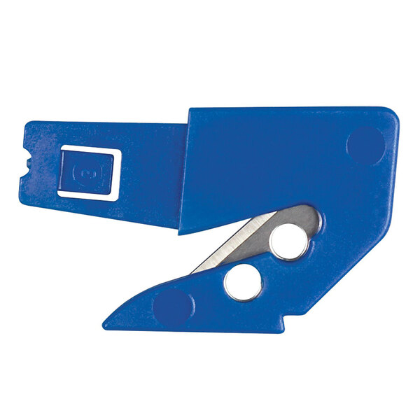 A close-up of a blue Pacific Handy Cutter blade with holes.
