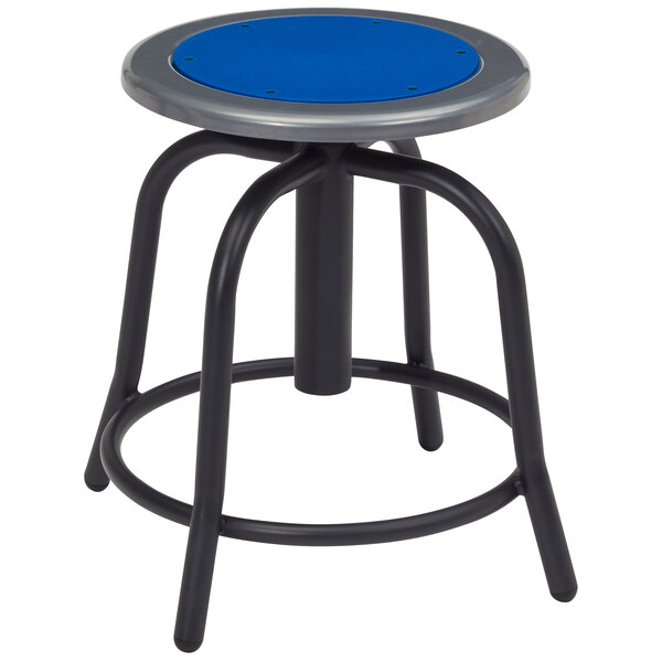 A National Public Seating lab stool with a blue steel seat on a silver base.