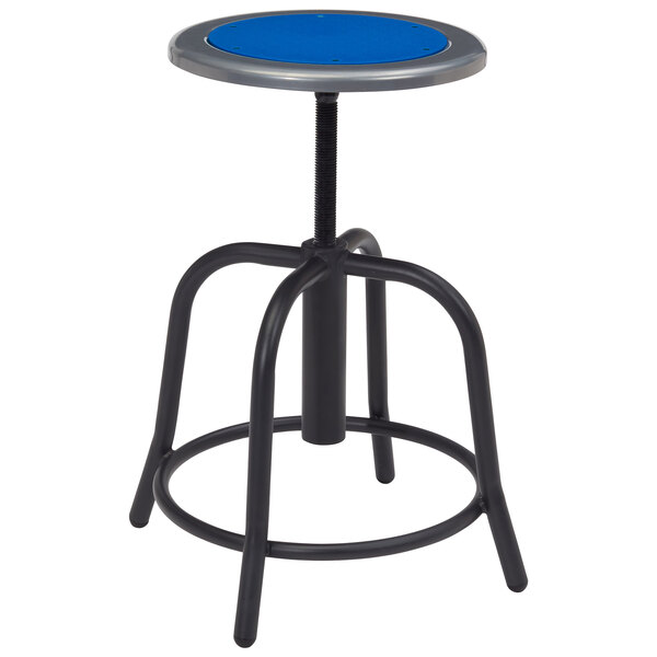 A National Public Seating lab stool with a blue steel seat on a silver metal base.