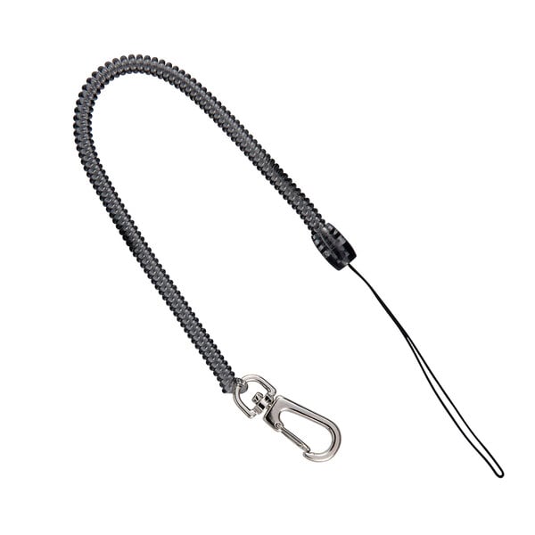 A silver coil leash with a metal hook on it.
