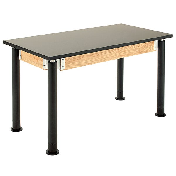 A black National Public Seating science lab table with black metal legs.